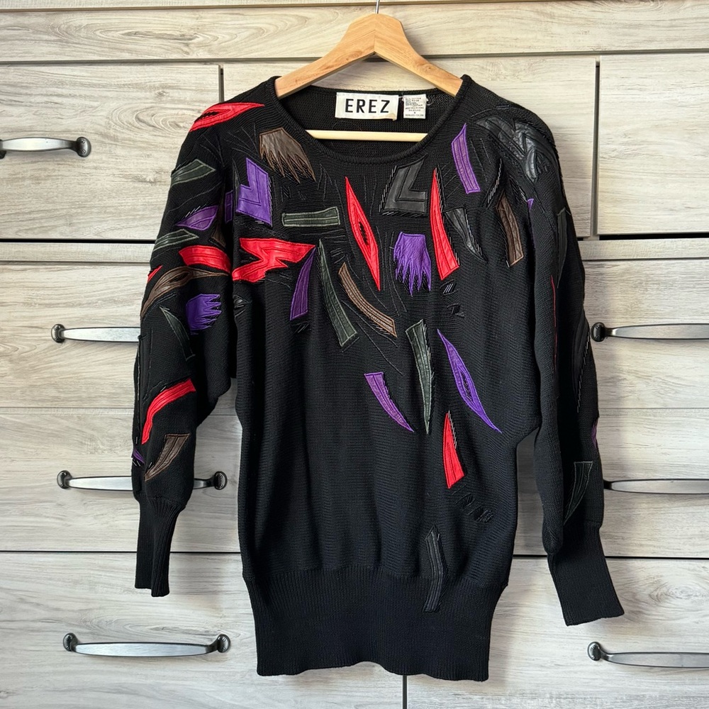Erez Vintage Sweater with Leather Patches and Beading Size Small